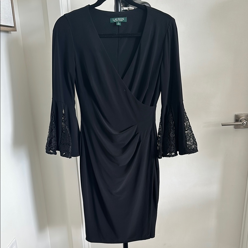 Ralph Lauren Black Sheath Dress with Bell Sleeves and V-Neckline